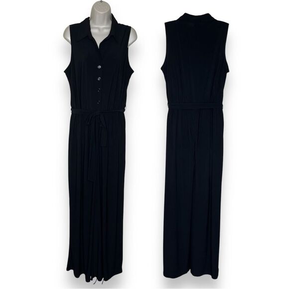 Lane Bryant Black Jumpsuit Sleeveless Wide Leg Belted Button Front Women 14/16 - Picture 1 of 15